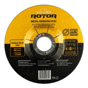 Descriere Disc Abraziv pentru Șlefuit Metal ROTOR 125x6,0x22,23 mm Discul abraziv ROTOR 125x6,0x22,23 mm este special conceput pentru șlefuirea eficientă a metalului, oferind durabilitate și performanță superioară în utilizare. Caracteristici tehnice: Diametru exterior: 125 mm Grosime: 6,0 mm Diametru alezaj: 22,23 mm Material: abraziv de înaltă calitate pentru îndepărtarea rapidă a materialului Compatibilitate: polizoare unghiulare standard cu prindere de 22,23 mm